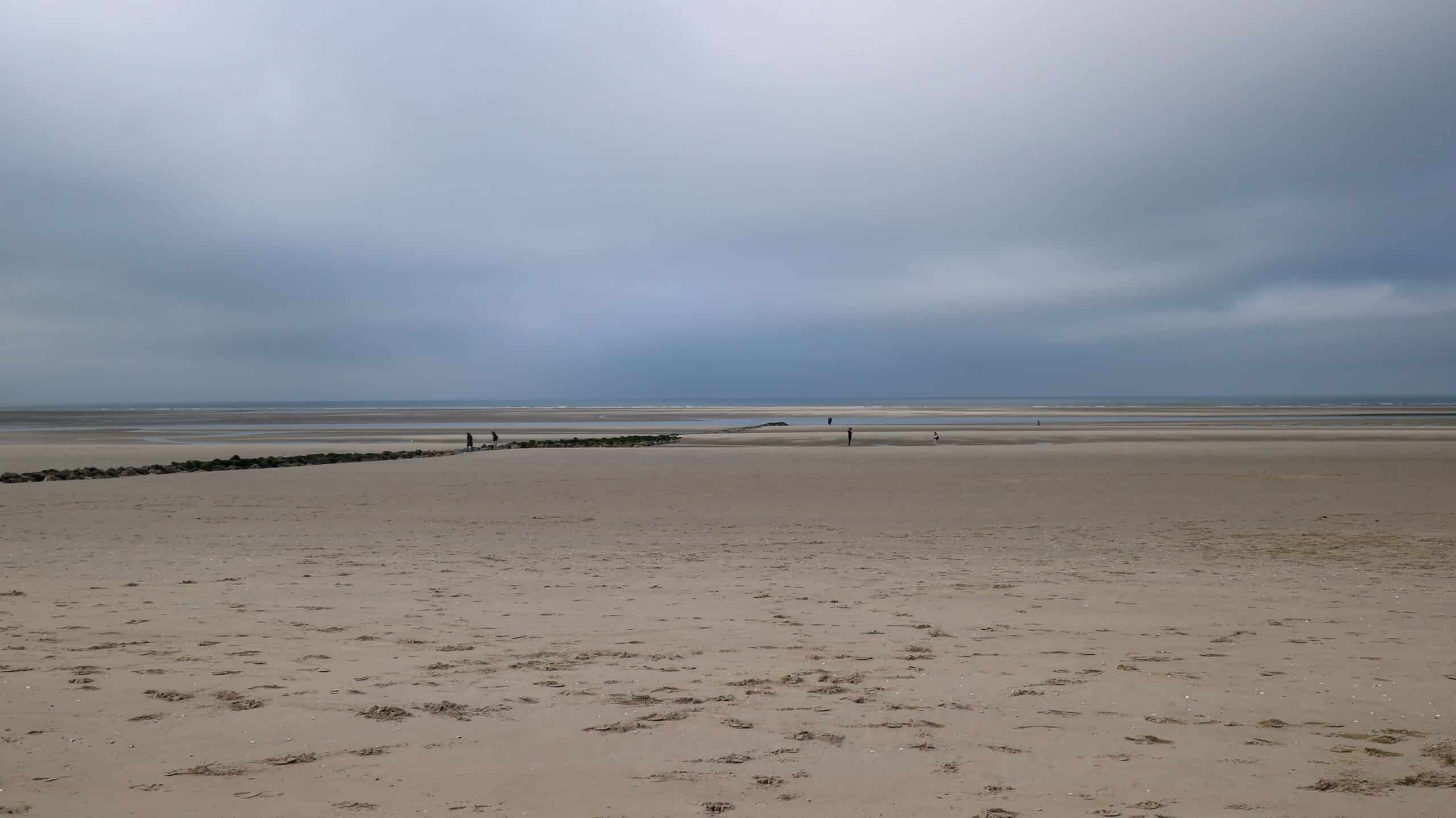 Grande plage de Berck-sur-Mer à marée basse avec promeneurs, balade à la journée depuis le Manoir Fleuri sur la Côte d'Opale